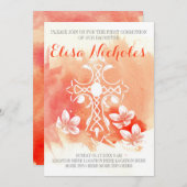 Invitation Corail aquarelle croix florale Première sainte com (Devant / Derrière)