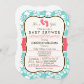 Invitation Corail, Baby shower tropical Aqua (Devant / Derrière)