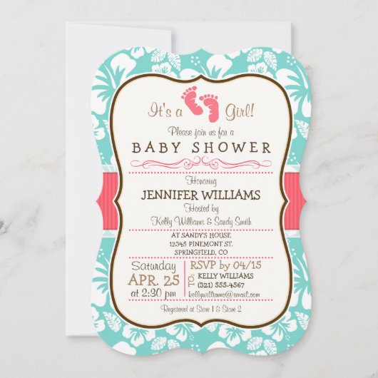 Invitation Corail, Baby shower tropical Aqua (Devant)