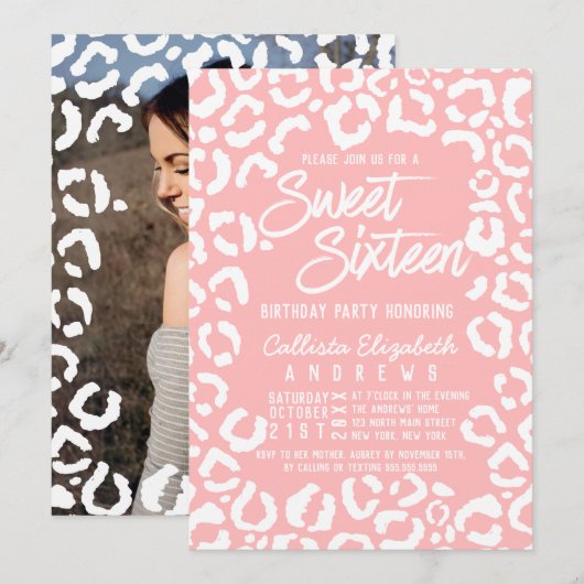 Invitation Corail blanc moderne Cheetah Leopard Sweet 16 Phot (Devant / Derrière)