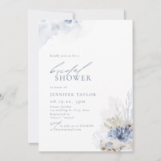 Invitation Corail bleu et coquillages plage Fête des mariées (Devant)