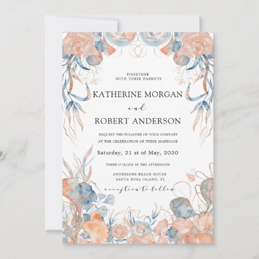 Invitation corail bleu velours floral romantique Mariage (Devant)