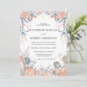 Invitation corail bleu velours floral romantique Mariage (Debout devant)
