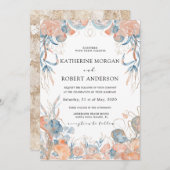 Invitation corail bleu velours floral romantique Mariage (Devant / Derrière)