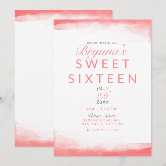 Invitation Corail Chaud Aquarelle Moderne Chic Douce 16 (Devant / Derrière)