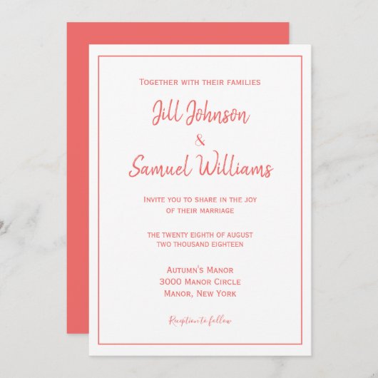 Invitation Corail chic et Mariage blanc (Devant / Derrière)