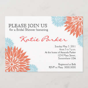 Invitation Corail de dahlia et fleur bleu-clair