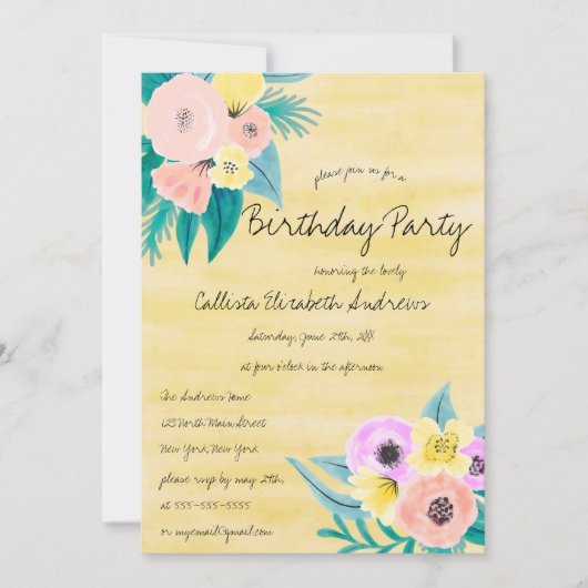 Invitation Corail de printemps Jaune Aquarelle Florale Annive (Devant)