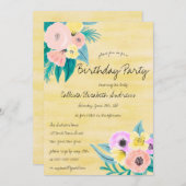 Invitation Corail de printemps Jaune Aquarelle Florale Annive (Devant / Derrière)