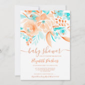 Invitation Corail d'été baby shower d'aquarelle fleurie turqu (Devant)