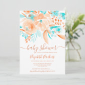 Invitation Corail d'été baby shower d'aquarelle fleurie turqu (Debout devant)