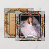 Invitation Corail d'or en argent Fleurs roses Photo Quinceane (Devant / Derrière)