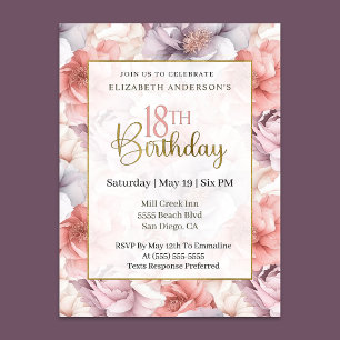 Invitation Corail Élégant et Pivoine Lavande 18ème Anniversai