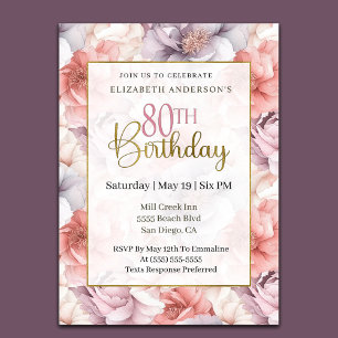 Invitation Corail Élégant et Pivoine Lavande 80ème Anniversai