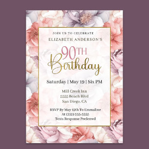 Invitation Corail Élégant et Pivoine Lavande 90e Anniversaire