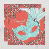 Invitation Corail élégant et Turquoise Blue Masquerade Party (Devant / Derrière)