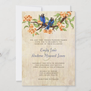 Invitation Corail et Bleu Nuit Oiseaux de l'Amour Tache de Th
