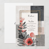 Invitation Corail et charbon Abstrait Mariage floral (Devant / Derrière)