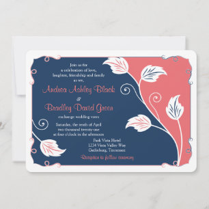 Invitation Corail et Marine Blue Vine feuillu Mariage floral