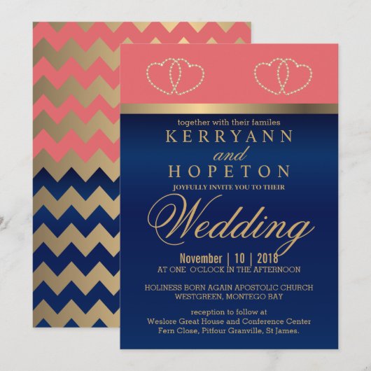 Invitation Corail et Navy Blue avec Gold Hearts - Personnalis (Devant / Derrière)