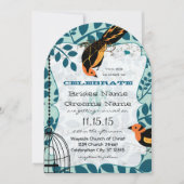 Invitation Corail et oiseaux Art Déco Turquoises inspirés (Devant)