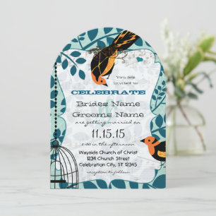 Invitation Corail et oiseaux Art Déco Turquoises inspirés