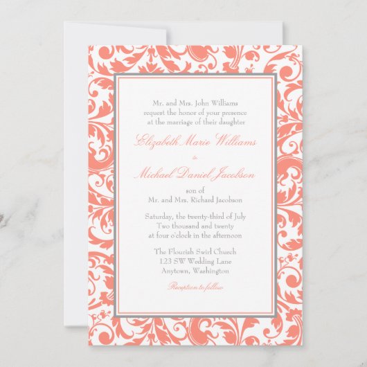 Invitation Corail et remous gris mariage damassé (Devant)