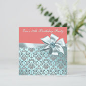 Invitation Corail et Turquoise bleu Damask 50e anniversaire (Debout devant)
