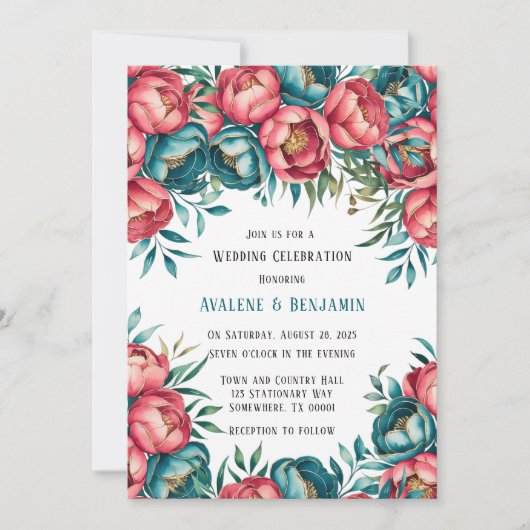 Invitation Corail et Turquoise Peonies Mariage or (Devant)
