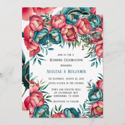 Invitation Corail et Turquoise Peonies Mariage or (Devant / Derrière)