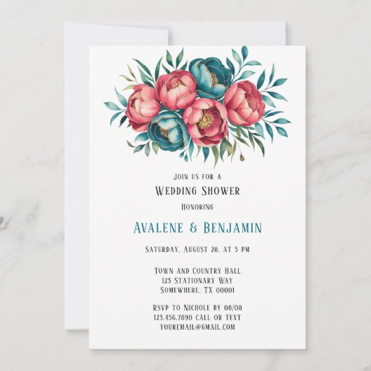 Invitation Corail et Turquoise Peonies Wedding shower or (Devant)