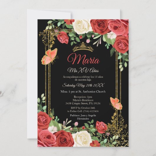 Invitation Corail Fleurs rouges Papillon Mis XV Anos Annivers (Devant)