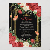 Invitation Corail Fleurs rouges Papillon Mis XV Anos Annivers (Devant / Derrière)