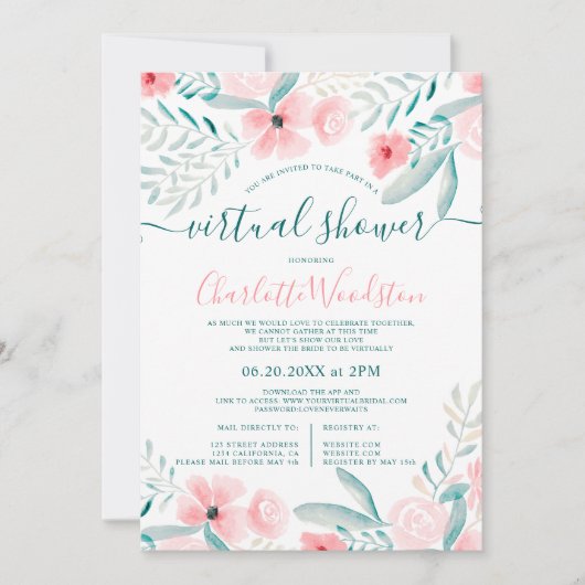 Invitation Corail floral aquarelle script douche virtuelle (Devant)