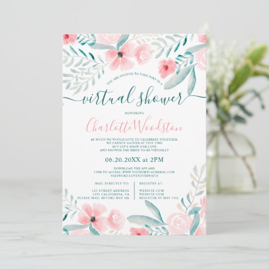 Invitation Corail floral aquarelle script douche virtuelle (Debout devant)