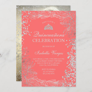 Invitation Corail floral en argent photo Tiara Quinceañera