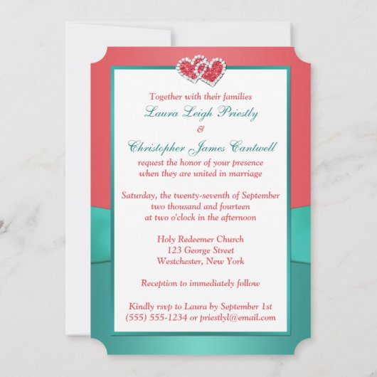 Invitation Corail, Flore verte Rejoint Coeurs PHOTO Invitatio (Dos)