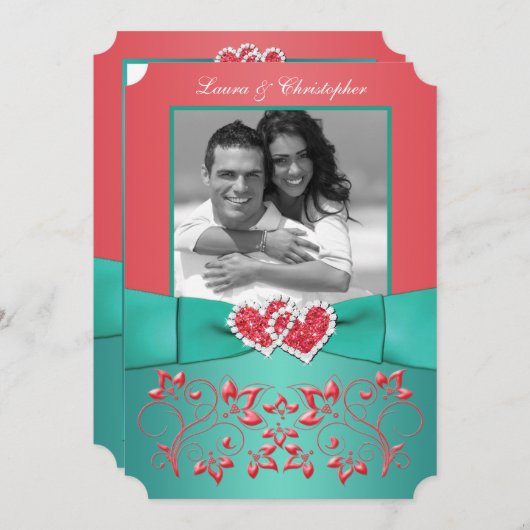Invitation Corail, Flore verte Rejoint Coeurs PHOTO Invitatio (Devant / Derrière)