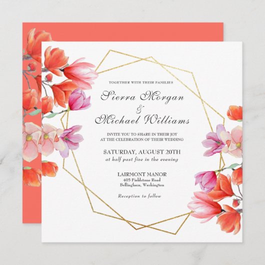 Invitation Corail géométrique Or moderne Blanc Floral Mariage (Devant / Derrière)