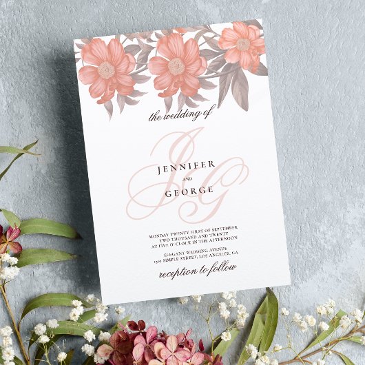 Invitation Corail gris doux monogramme initiales mariage flor