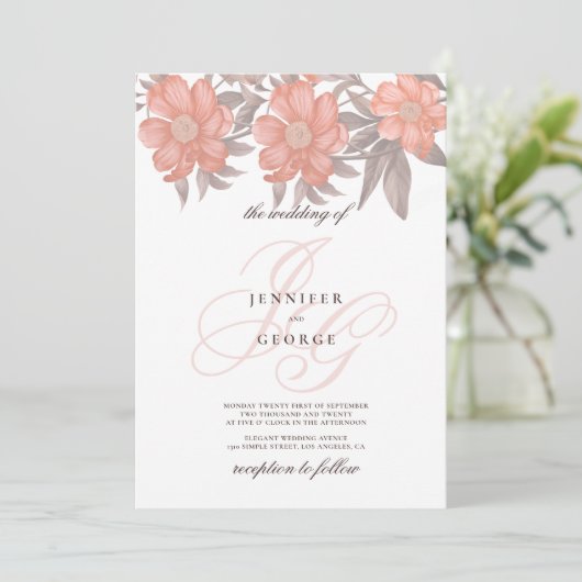 Invitation Corail gris doux monogramme initiales mariage flor (Debout devant)