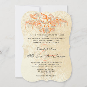 Invitation Corail & Gris Vintage Flourish Bird Wedding Invite