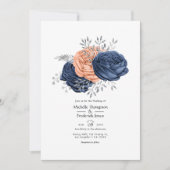 Invitation Corail, marine et Mariage floral argenté (Devant)