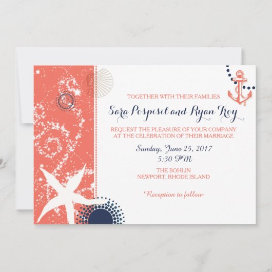Invitation Corail moderne et Mariage nautique de marine (Devant)