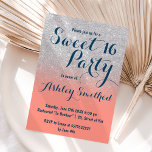 Invitation Corail moderne marine bleu argent ombre Sweet 16<br><div class="desc">Une douche à parties scintillant marine bleu marine et joliment imitation corail clair foncé avec bloc couleur corail pastel Sweet 16 anniversaire invitation avec un motif argent ombre s'estompant sur un arrière - plan rose. Parfait pour un Sweet sixteen princesse, parfait pour elle, la fashionista qui aime motif moderne et...</div>