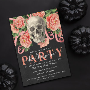 Invitation Corail Moody foncé Crâne Floral Halloween Party