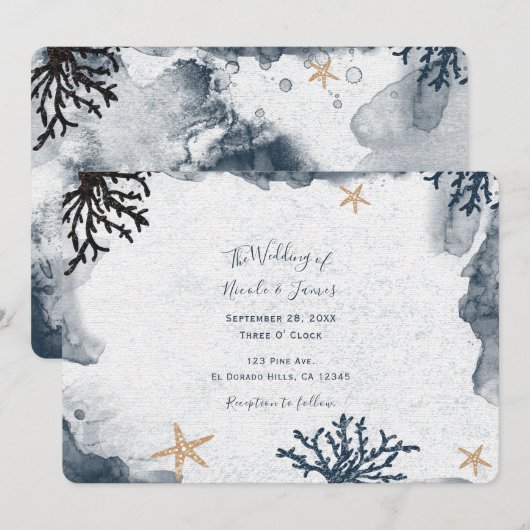 Invitation Corail Nautique Bleu Aquarelle Élégante Fête (Devant / Derrière)