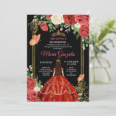 Invitation Corail noir Fleurs mexicaines Quinceañera Invitati (Debout devant)