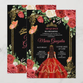 Invitation Corail noir Fleurs mexicaines Quinceañera Invitati (Devant / Derrière)