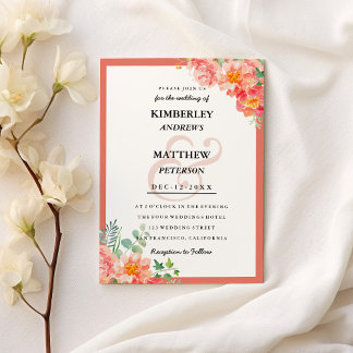 Invitation Corail orange moderne rose floral élégant Mariage